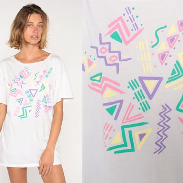 Geometric Tee 90s Pastel Abstract Print Shirt Retro T-Shirt Triangle Zig Zag Graphic White Pink Purple Green Vintage 1990s Extra Large xl 