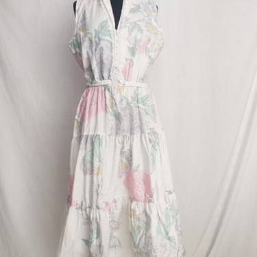Vintage 80s Pastel Floral Dress // Tiered Skirt with Pearl Accents and Belt Tie 