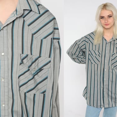 Striped Pearl Snap Shirt 90s Western Button Up Cowboy Retro Western Grey Blue Stripes Grunge 1990s Vintage Long Sleeve Mens Extra Large xl 