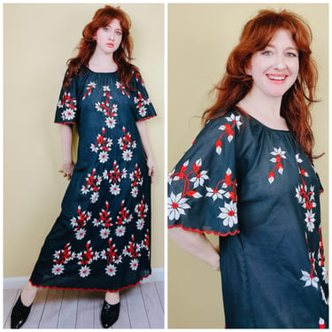 1970s Vintage Navy Blue Red Embroidered Dress / 70s / Seventies Floral Flared Sleeve Maxi / Size Small - Large 