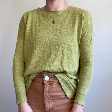 Eileen Fisher Chartreuse Crewneck Boho Lightweight Linen Cotton Sweater Sz XXS 