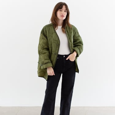 Vintage Green Liner Jacket | Unisex Wavy Quilted Nylon Coat | XL | LI213 
