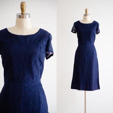 navy lace dress 50s 60s vintage dark blue floral lace knee length fitted pencil wiggle dress 