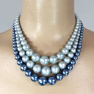 VINTAGE 50s Blue Pearl 3 Strand Beaded Necklace Choker JAPAN | 1950s Mid Century Bib Necklace | VFG 