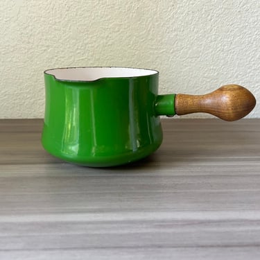 Vintage Dansk Enamelware by Jens Quistgaard - Kobenstyle Rare Kelly green w/ Teak Wood Handle, Enamel Butter Warmer or Sauce Pot 