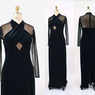 90s Vintage Black Velvet Prom Dress Illusion Dress Medium// Black Body Con 90s Prom Dress Bondage Dress Medium Sheer Sleeve long Black Dress 