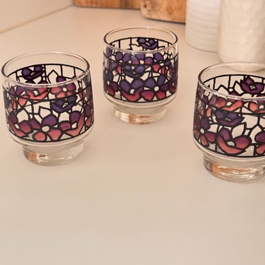Vintage Purple Floral Stained Glass Rocks Lowball Glasses | Set of 4 