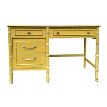 Faux Bamboo Desk by Thomasville Allegro - 1960s Vintage Yellow Hollywood Regency Chinoiserie Coastal Furniture 