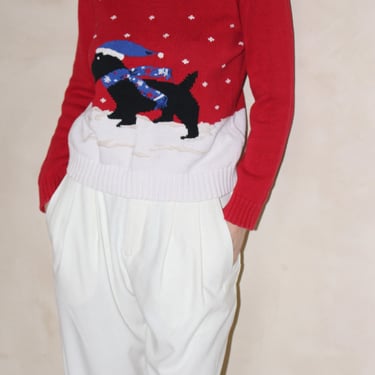 Vintage Winter Dog Embroidered Mock Neck Sweater