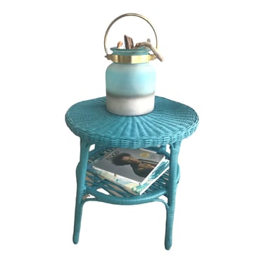 Vintage Blue Rattan & Wicker Circular Side Table | Two-Tier Boho Tropical Chic Accent Table 