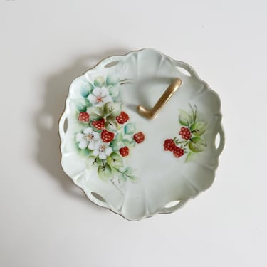 Loop Handle Lemon Dish Small Relish Plate with Raspberry Art by M. Rakestraw Vintage 1960s 