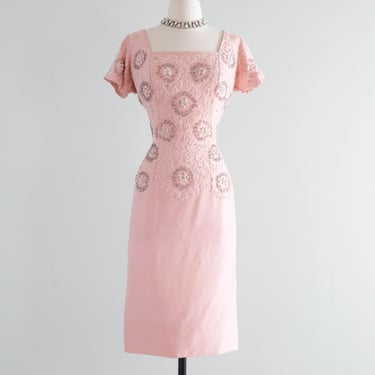 Stunning 1950’s Frank Starr Beaded Peony Pink Silk Cocktail Dress / ML