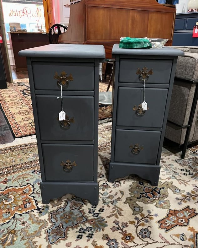 Blue-gray 3 drawer bedside cabinets 22” x 12.5” x 30.5” Call 202-941-8802 to purchase