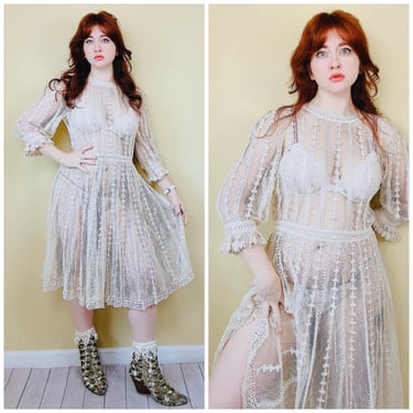 1980s Vintage Lim's Cotton Crochet Lawn Dress / 80s Sheer Romantic Edwardian Revival Dress / Size Large 