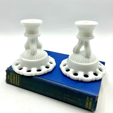 Vintage 50s Westmoreland Doric Milk Glass Open Lace Edge Candlesticks Candleholders, Set of 2, MCM  Home Decor, White Candlestick Holders 