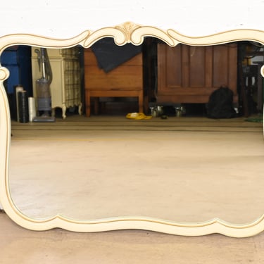 John Widdicomb Style French Provincial Louis XV Cream Lacquered and Gold Gilt Framed Wall Mirror, Circa 1960s