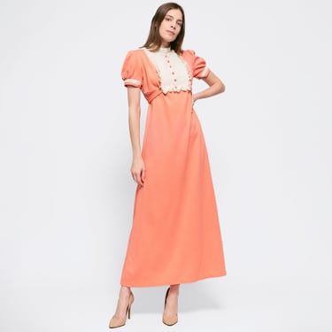 Small 70s Peach Lace Trim Prairie Maxi Dress | Vintage Puff Sleeve Boho Hippie Formal Gown 