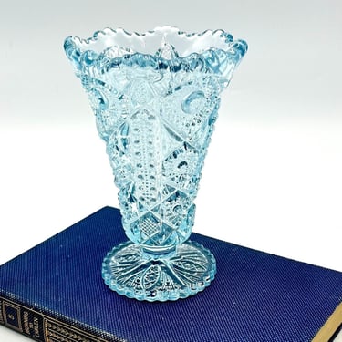 Vintage Imperial Glass Ice Blue Vase, Hobstar with Sawtooth Rim, Cut Glass Footed Vase, MCM 50s Glassware 