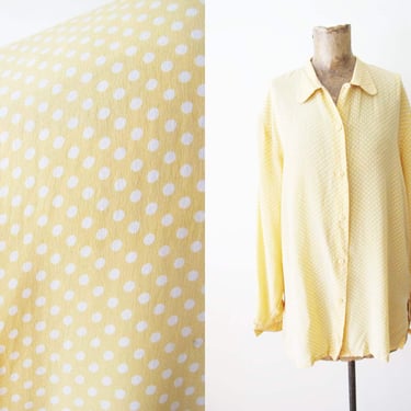 80s Light Yellow Polka Dot Long Sleeve Blouse  S M - Silk Collared Button Up Top Baggy Oversized - Pastel Preppy Cottage 