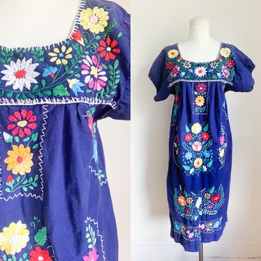 Vintage 1970a Navy Hand Embroidered Mexican Sundress / M 