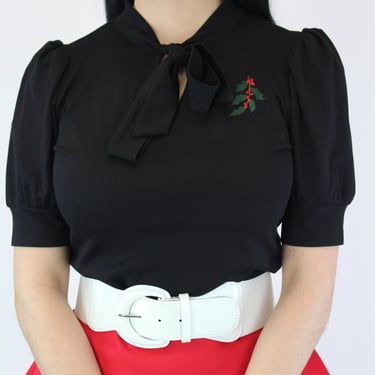 Holiday Holly Berry Tie-Neck Blouse Lolita - Black XS-3XL 