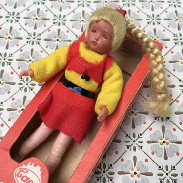 Vintage Caco Girl Dollhouse Doll From Germany,  1/12 Scale, Long Blonde Hair In Braid, Germany Mini Doll In Original Box 