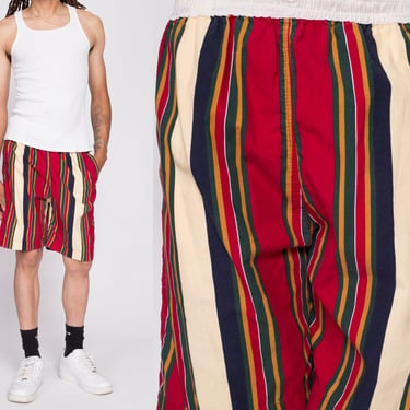 90s Don't Stop Striped Casual Shorts - Men's Medium | Vintage Cotton Blend Elastic Waist Board Shorts 
