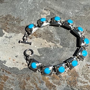 Vintage Pretty Mexico Sterling Silver Toggle Bracelet with Small Square Link with Blue Centers 