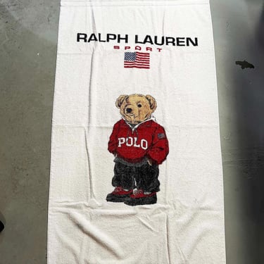 Vintage 90s Ralph Lauren Polo Sport Bear Beach Towel Blanket Nautical Cotton Red White Blue 1990s Made in the USA Pool 