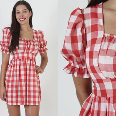 Country Picnic Gingham Micro Mini Dress / Vintage 70s Red White Checker Print / Cute Puff Sleeve Short Summer Frock 