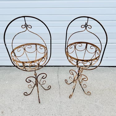 Antique Wire Hanging Planter Baskets with Stands French Style Shabby Chic Garden Decor Iron Chippy Victorian Metal Plant Basket Set of Two 