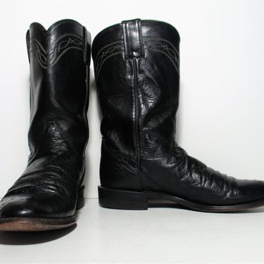 Vintage 1990s Justin Smooth Ostrich Roper Cowboy Boots, Black Leather, Size 7B Women 