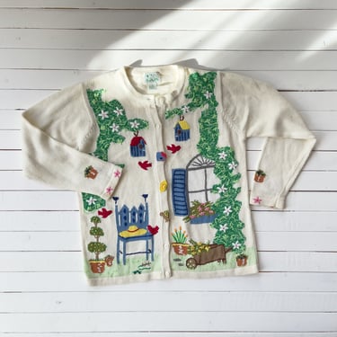 embroidered sweater 90s vintage Quacker Factory cute garden cottagecore white cardigan 
