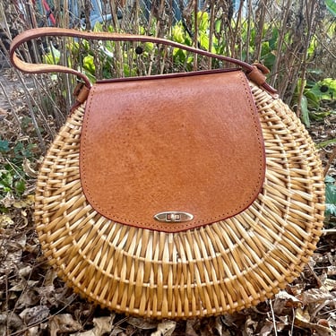 Vintage Wicker Purse Rattan Hand Bag Brown Leather Boho Basket Retro Fashion 