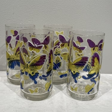 4- 16oz Vintage Libbey Yellow Blue Purple Butterfly Juice Drinking Glasses, Butterfly Barware, Retro tumblers and barware, modern drinkware 