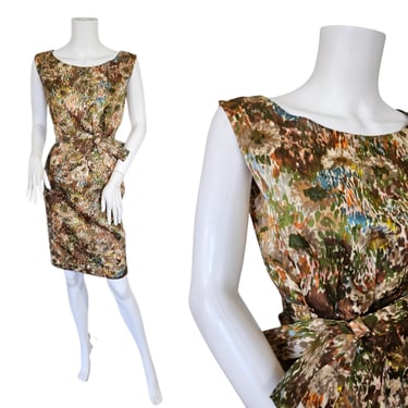 190s Green Biege Painterly Floral Pattern Wiggle Dress I Sz Sm 