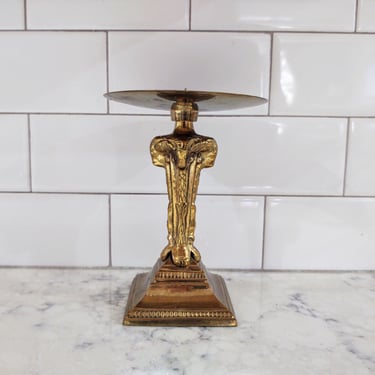 Vintage Brass Ram Head Pillar Candle Holder Art Deco Look 