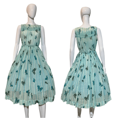 1950's Sheer Aqua and White Butterfly Print Party Dress Size S