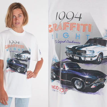 Hot Rod Shirt 90s Classic Car T-Shirt 1994 Graffiti Night Rally Graphic Tee Modest California TShirt Single Stitch White Vintage 1990s XL 