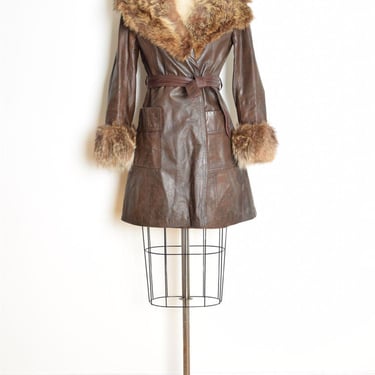 vintage 70s coat brown leather genuine raccoon fur wrap coat jacket belted XS/S clothing 