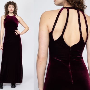 Sm-Med 90s Wine Red Velvet Open Back Maxi Dress | Vintage Strappy Keyhole Back Fitted Sleeveless Formal Party Gown 
