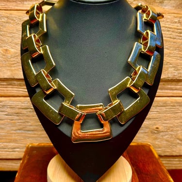 Brass Statement Necklace Gold Tone Chain Link Vintage Retro Fashion Jewelry  Lux 