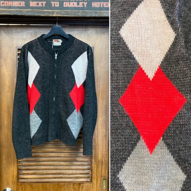 Vintage 1960’s Argyle Diamond Mod Cardigan Zip-Up Sweater, 60’s Vintage Clothing 