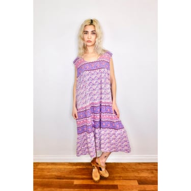 Indian Hand Blocked Dress // vintage purple pink sun boho hippie hippy oversize cotton // O/S 