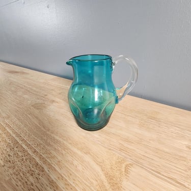 Small Blue Pinched Glass Pitcher Vase 