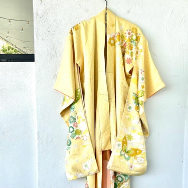 Vintage Japanese Silk Kimono Embroidered Furisode Yellow Butterfly Floral Asian Robe 