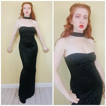 1990s Vintage Jessica McClintock for Gunne Sax Glitter Leopard Dress / 90s Black Choker Slinky Spandex Gown / Size Small 