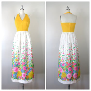 Vintage 1960s 1970s floral halter maxi dress border print spring summer sundress 