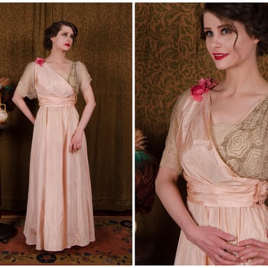 Vintage Edwardian Dress - c.1914-5 Pink Silk Taffeta Evening Dress in Pale Pink with Beaded Net Lace Neckline and  Delicate Sleeves 