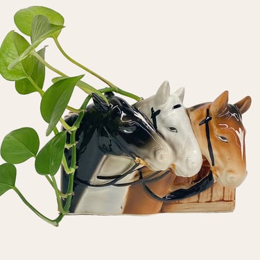 Vintage Napco Horse Head Planter Retro 1960s Farmhouse + Ceramic + Three Horses + Equestrian + Black/White/Brown + S219 + Indoor Planter 